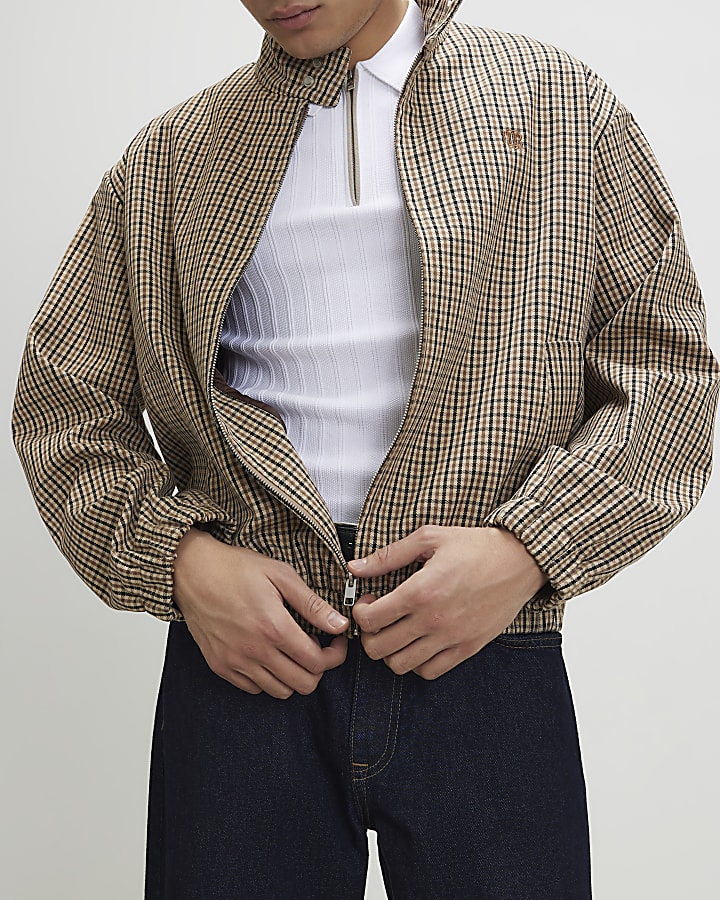 Beige Funnel Neck Check Harrington Jacket