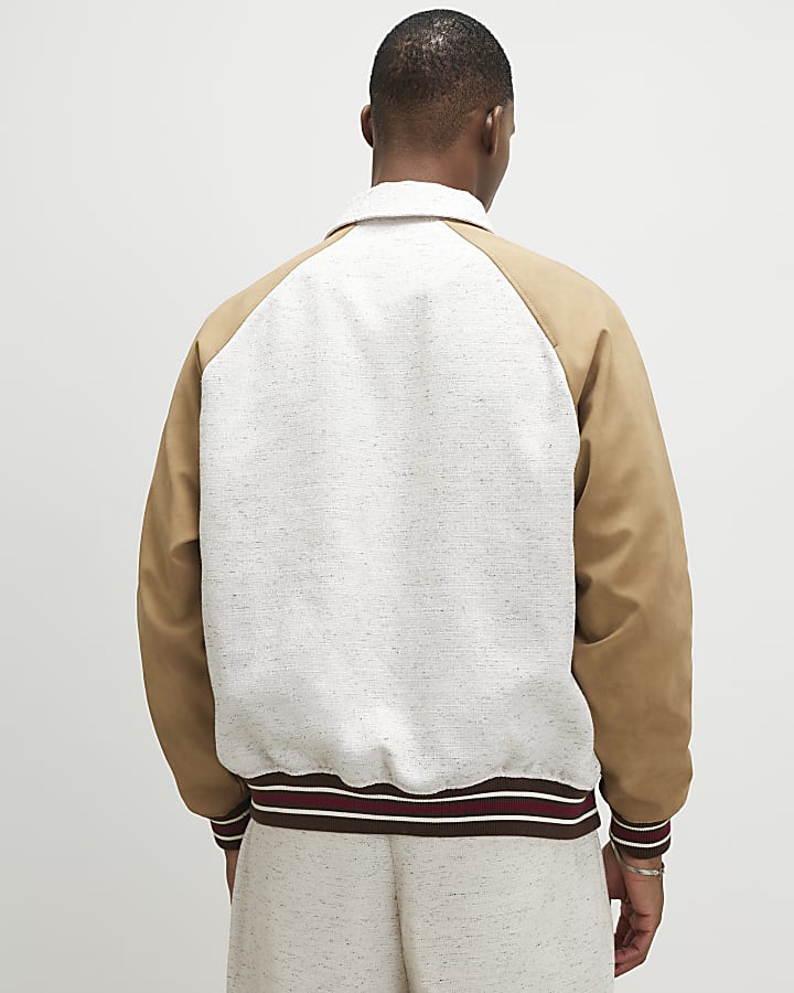 Beige Raffia Textured Varsity Jacket