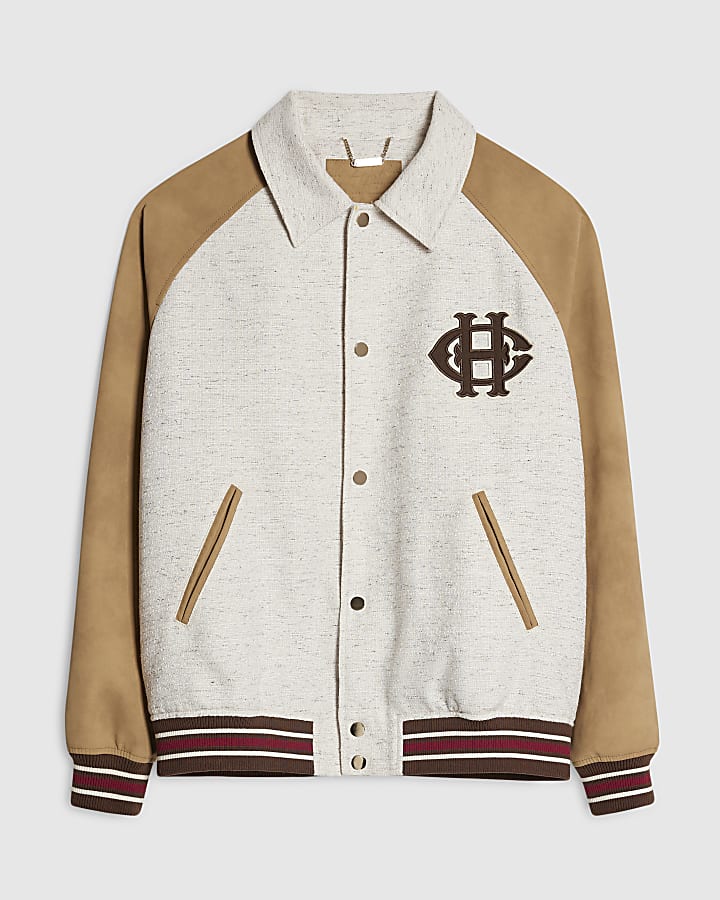 Beige Raffia Textured Varsity Jacket