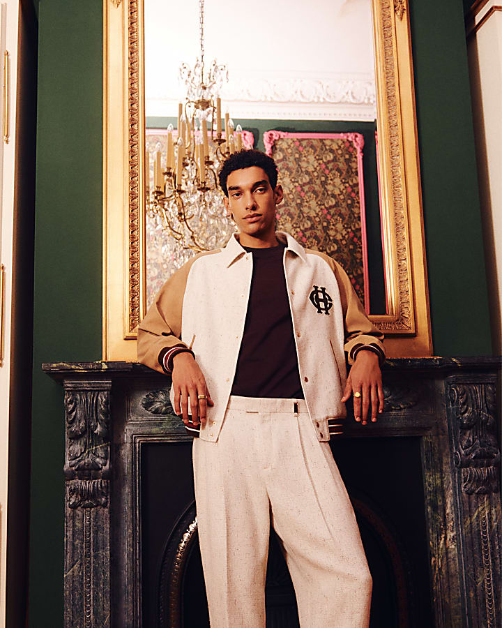 Beige Raffia Textured Varsity Jacket