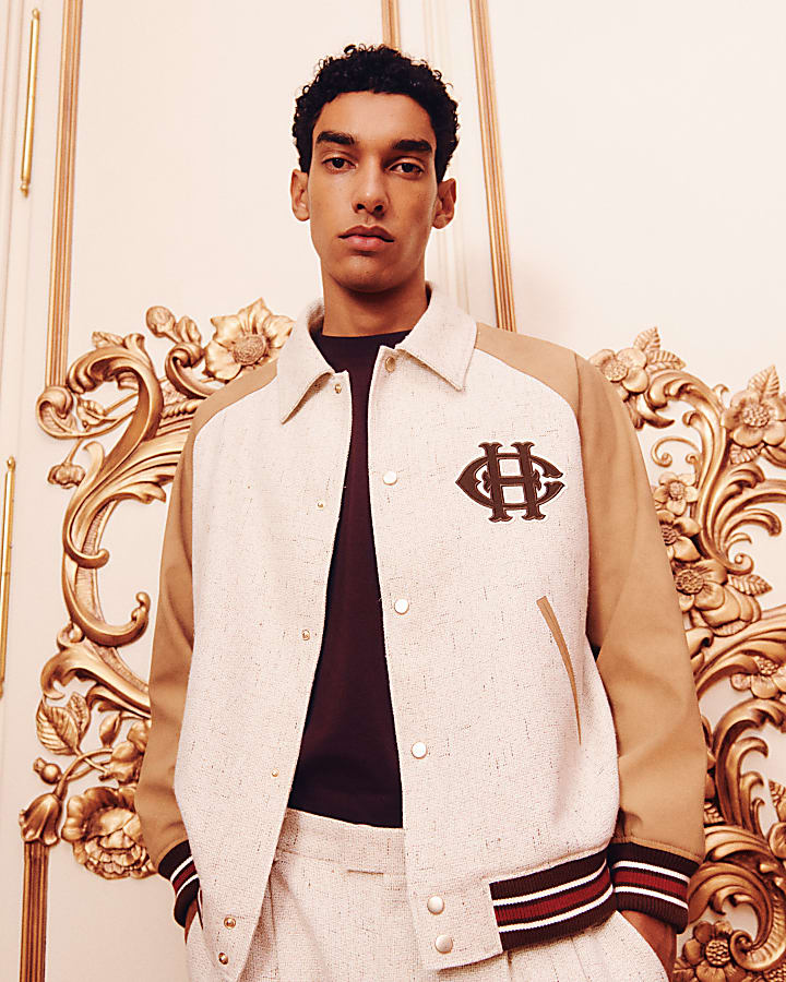 Beige Raffia Textured Varsity Jacket