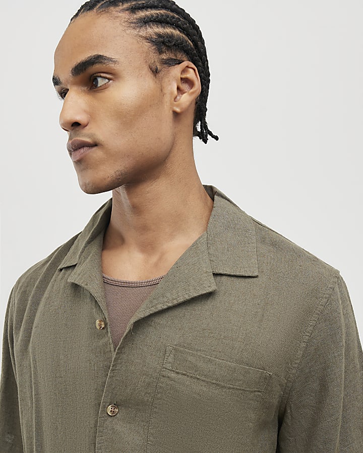 Khaki Linen Blend Revere Collared Shirt