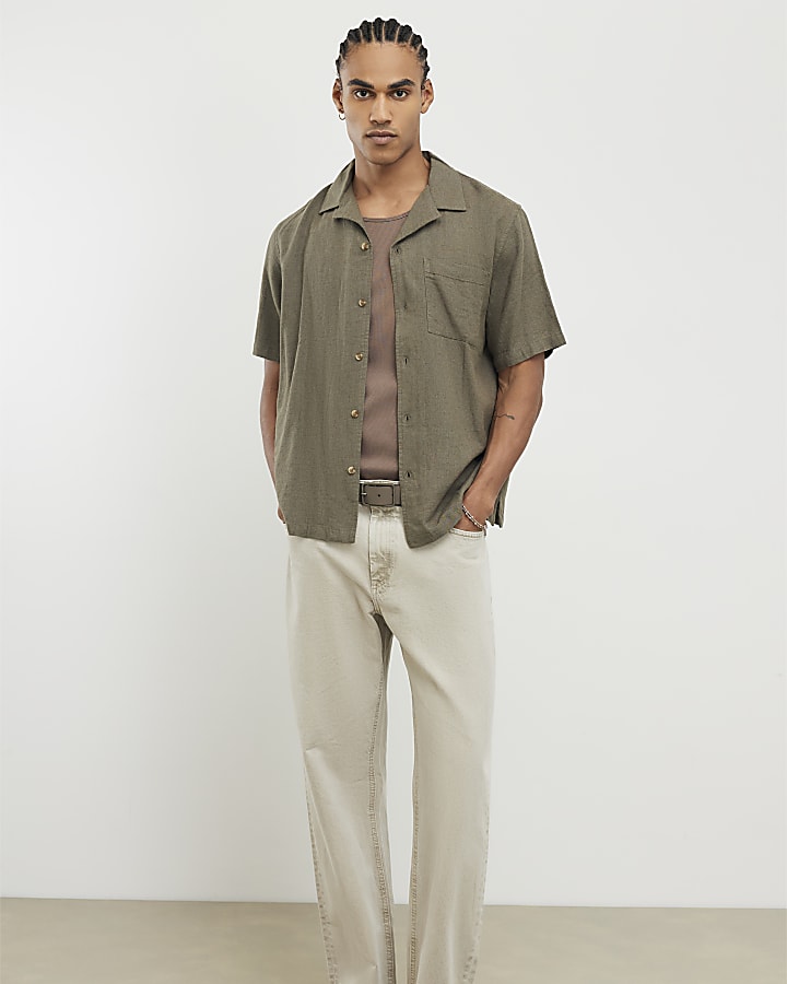 Khaki Linen Blend Revere Collared Shirt