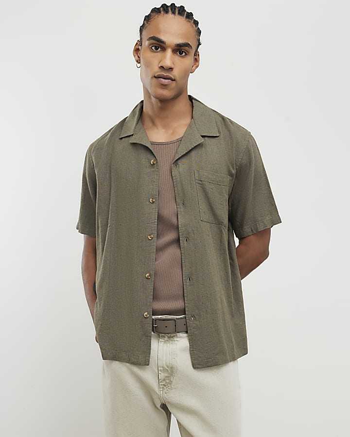 Khaki Linen Blend Revere Collared Shirt