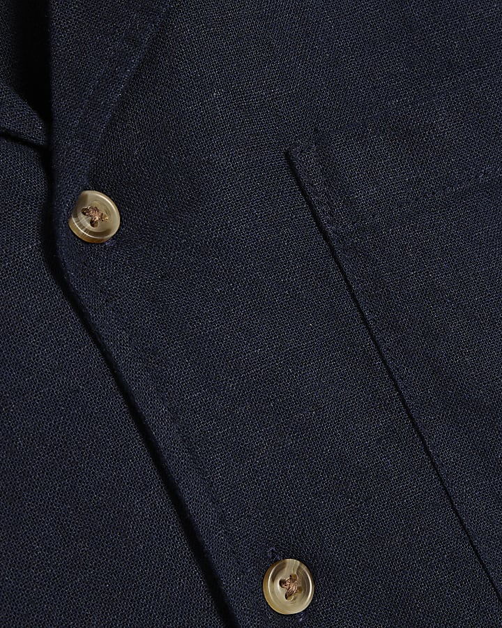Navy Linen Blend Revere Collared Shirt