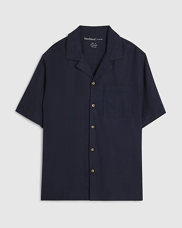 Navy Linen Blend Revere Collared Shirt
