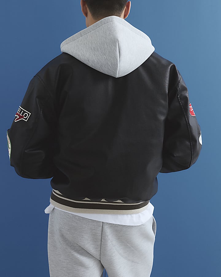 Black Faux Leather Motocross Bomber Jacket