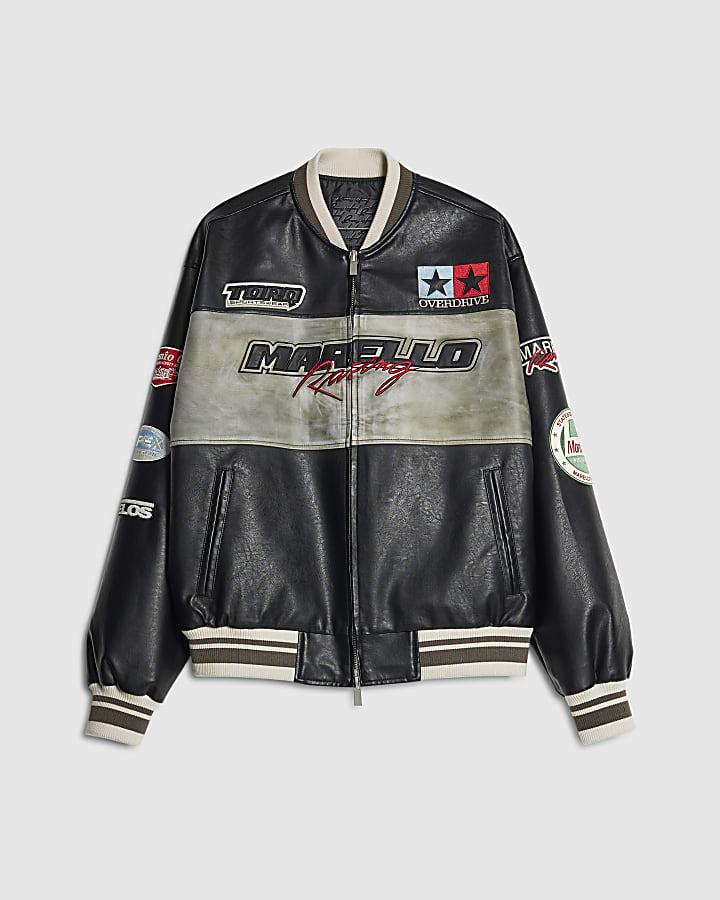 Black Faux Leather Motocross Bomber Jacket