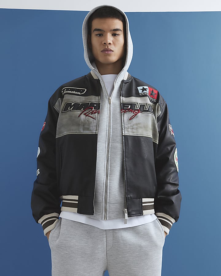 Black Faux Leather Motocross Bomber Jacket