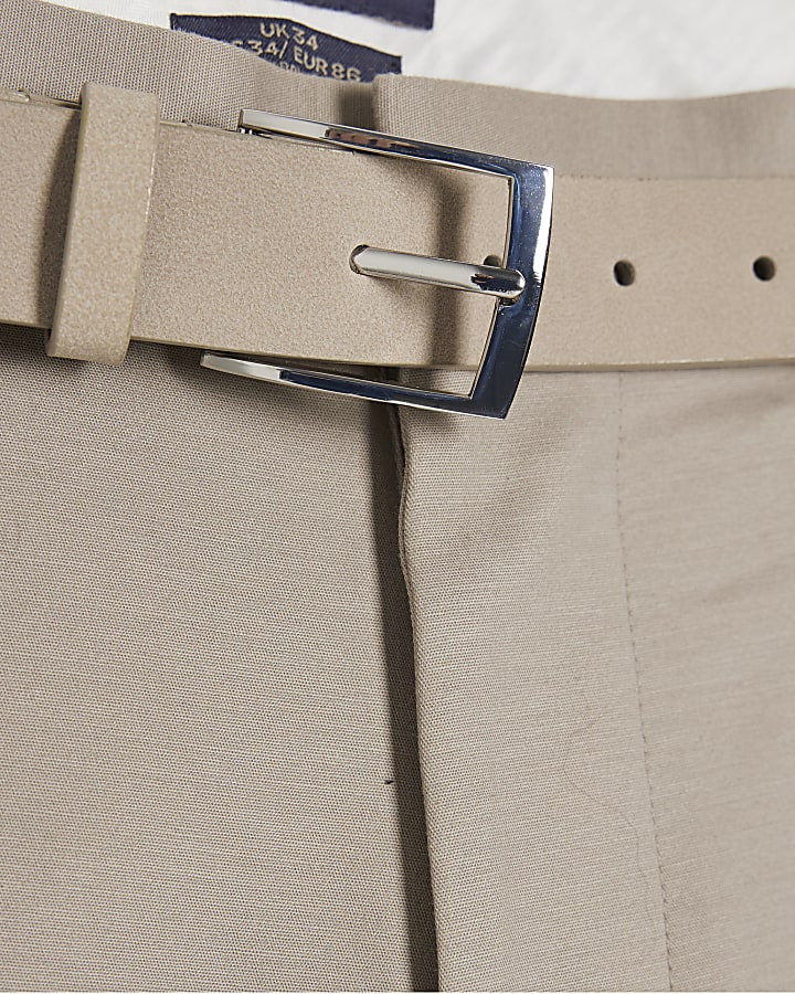 Beige Slim Fit Belted Chino Shorts