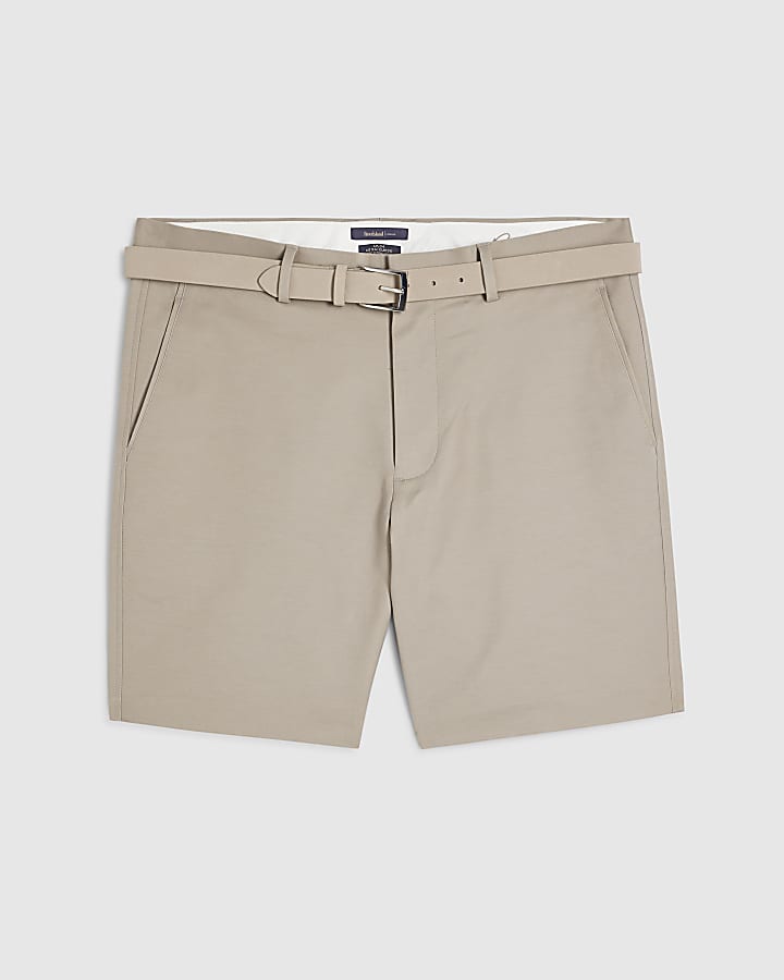 Beige Slim Fit Belted Chino Shorts