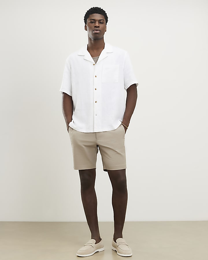 Beige Slim Fit Belted Chino Shorts