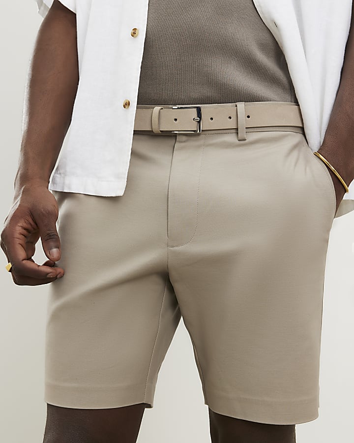 Beige Slim Fit Belted Chino Shorts