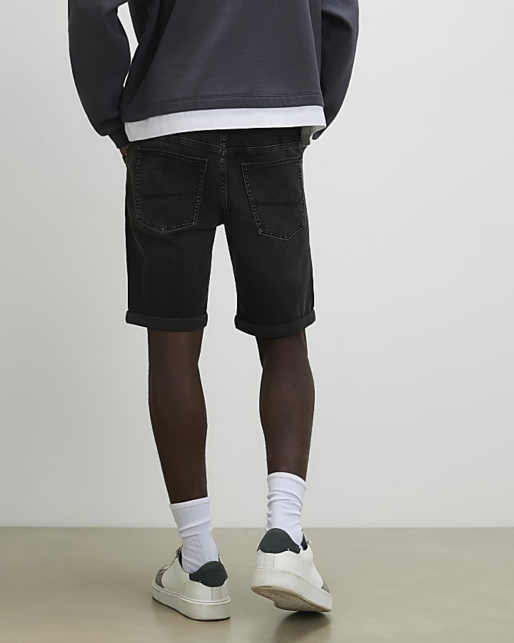 Black Slim Fit Washed Denim Shorts