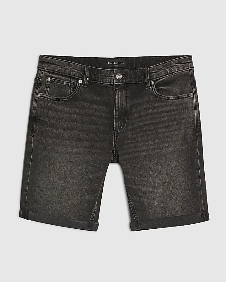 Black Slim Fit Washed Denim Shorts