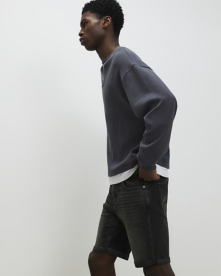 Black Slim Fit Washed Denim Shorts