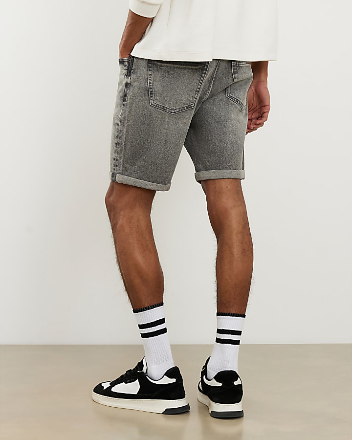 Grey Slim Fit Denim Shorts