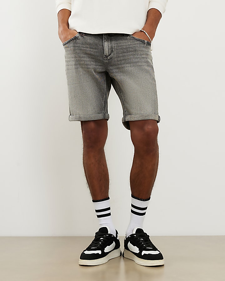 Grey Slim Fit Denim Shorts