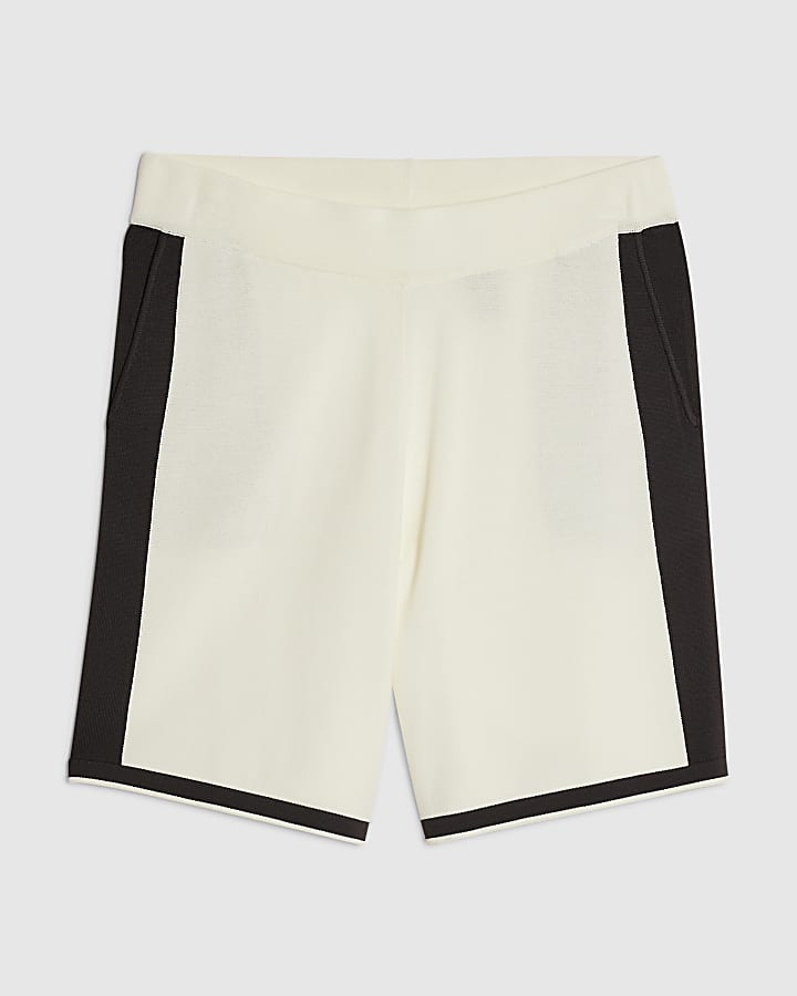 Cream Colour Block Knitted Shorts