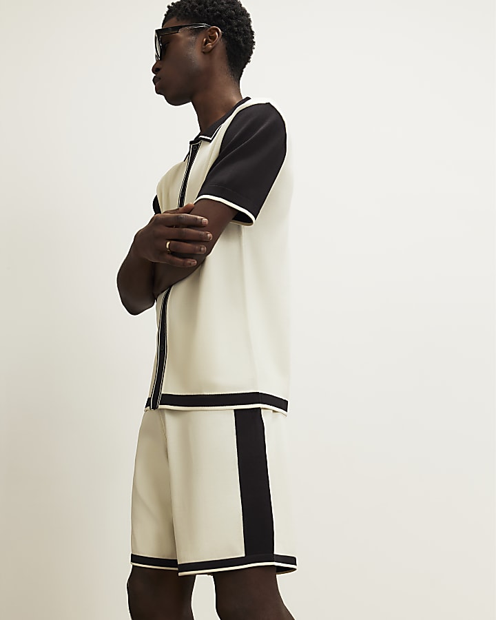 Cream Colour Block Shorts