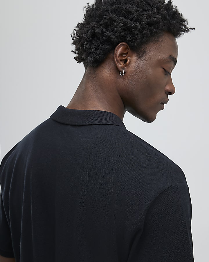 Black Oversized Fit Embroidered Polo Shirt