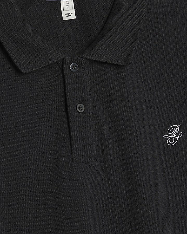 Black Oversized Fit Embroidered Polo Shirt