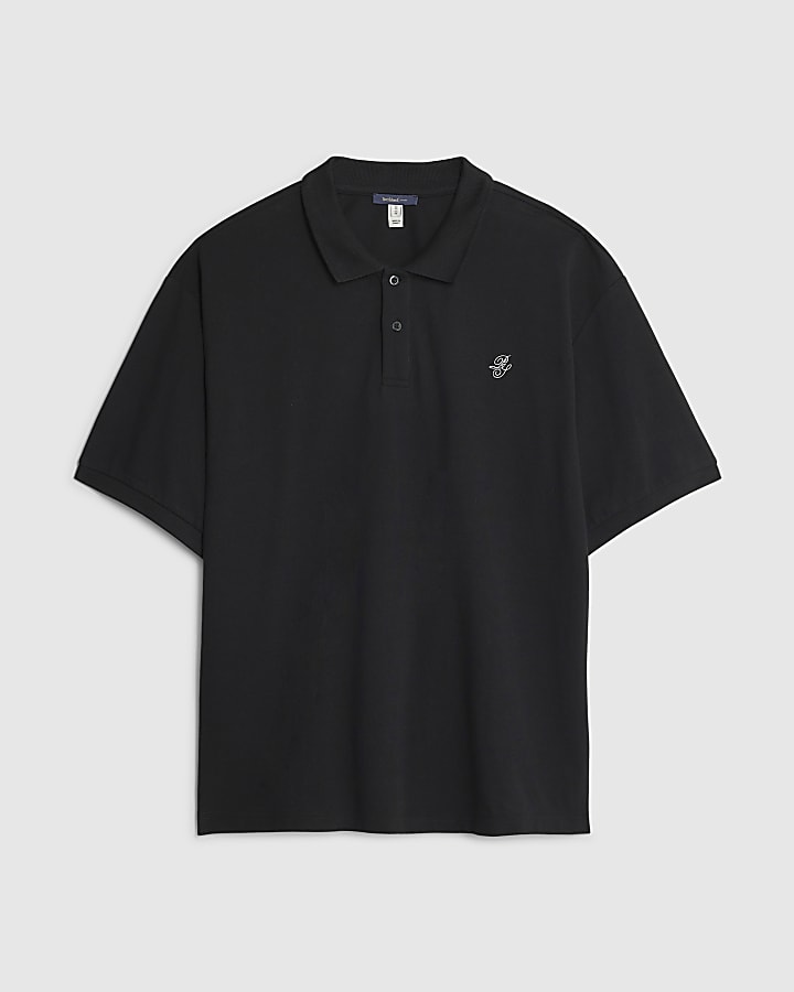 Black Oversized Fit Embroidered Polo Shirt