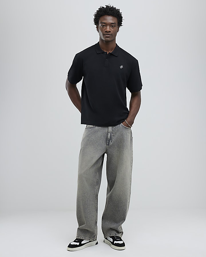 Black Oversized Fit Embroidered Polo Shirt