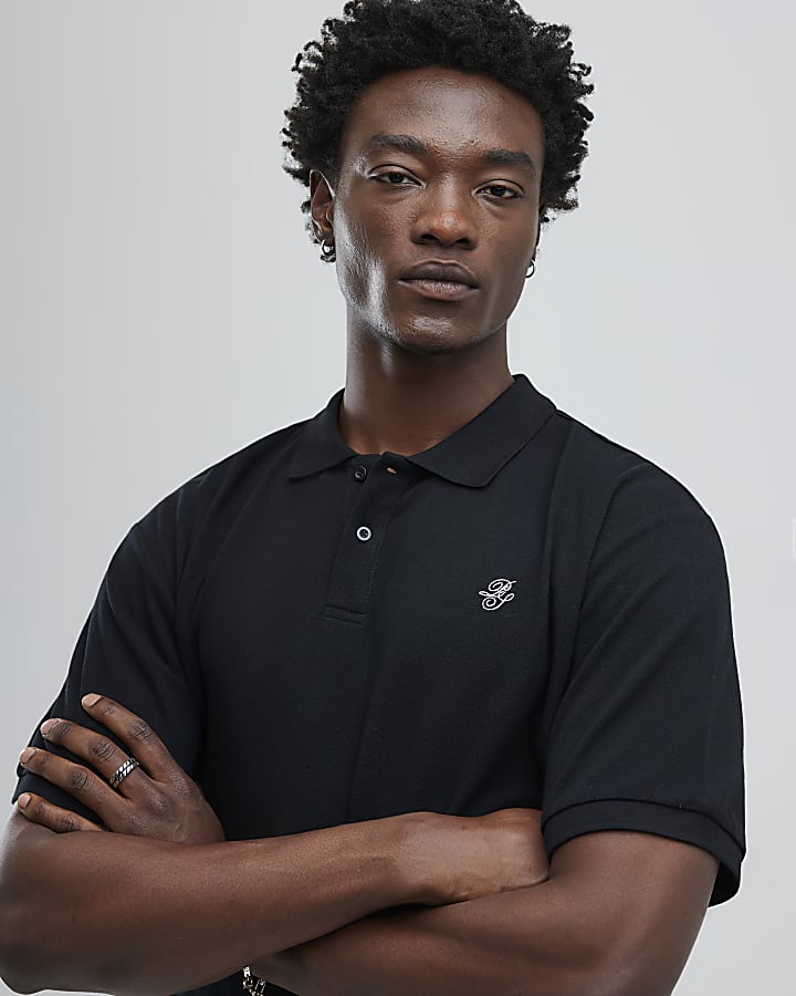 Black Oversized Fit Embroidered Polo Shirt
