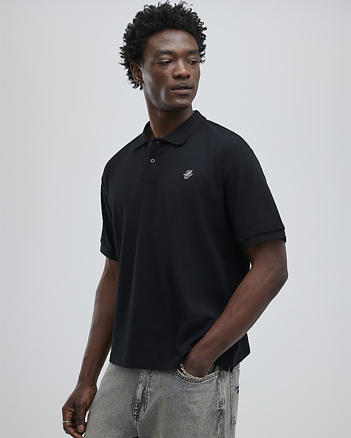 Black Oversized Fit Embroidered Polo Shirt