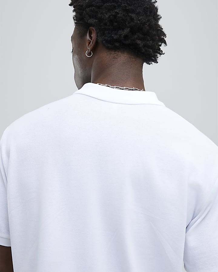 White Oversized Fit Embroidered RI Polo Shirt