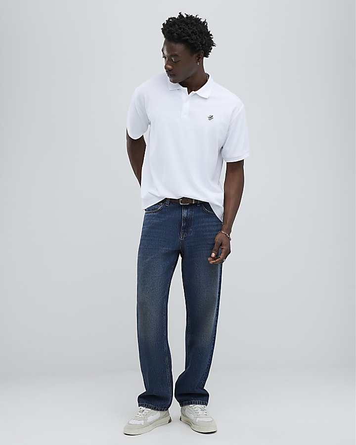 White Oversized Fit Embroidered RI Polo Shirt