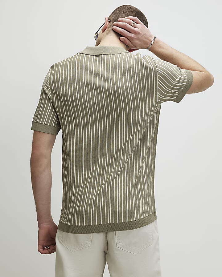 Green Pinstripe Open Collar Knit Shirt