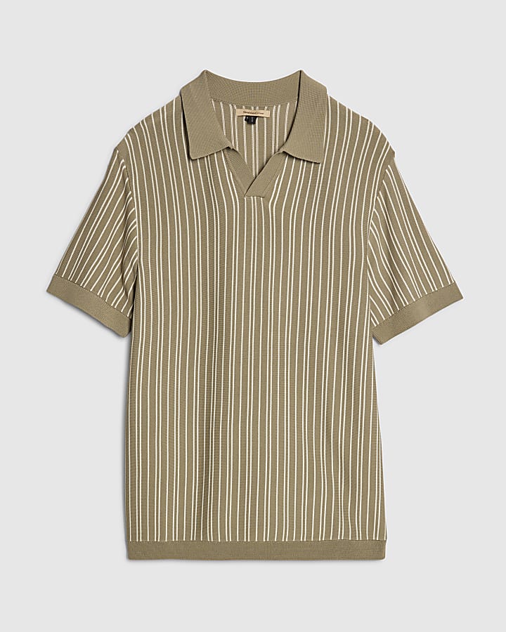 Green Pinstripe Open Collar Knit Shirt