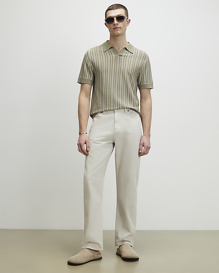 Green Pinstripe Open Collar Knit Shirt