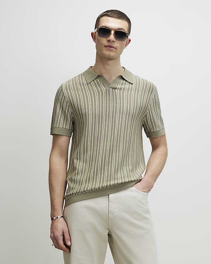 Green Pinstripe Open Collar Knit Shirt