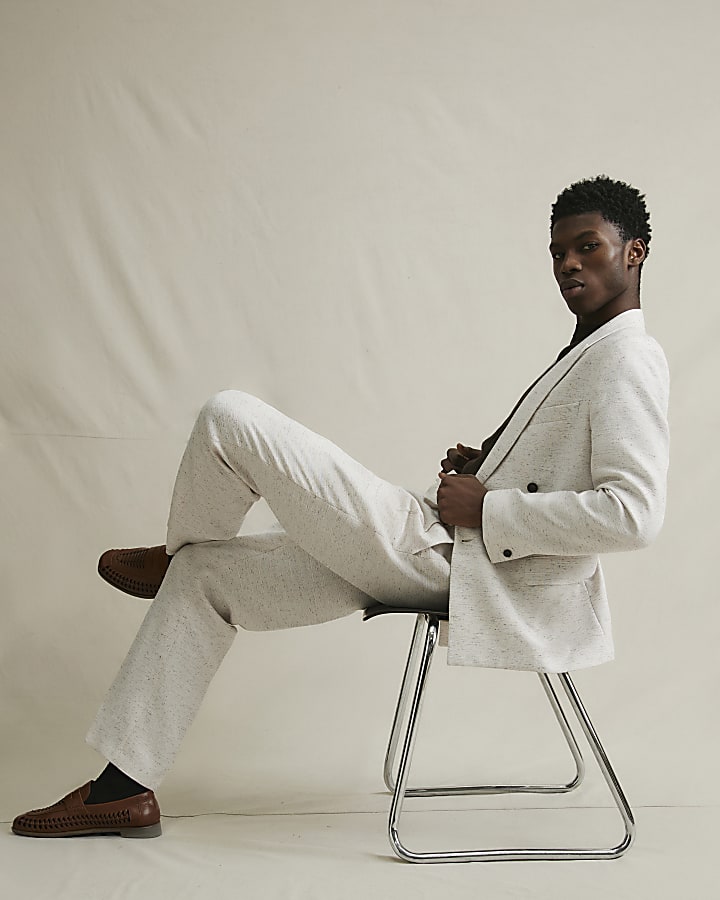 Cream Textured Suit Trousers