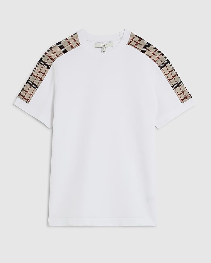 White Slim Fit Check Knit T-Shirt