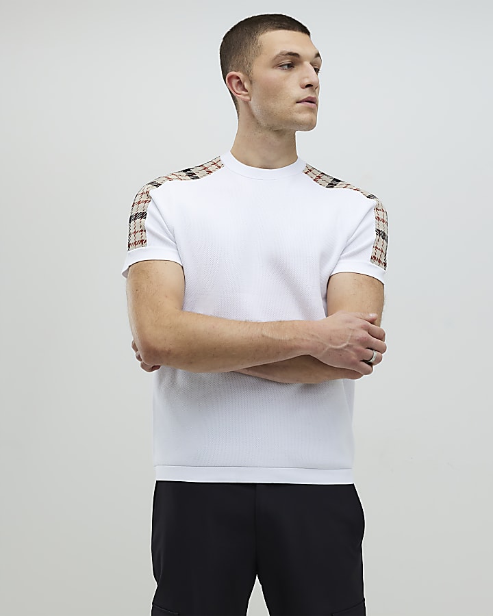 White Slim Fit Check Knit T-Shirt