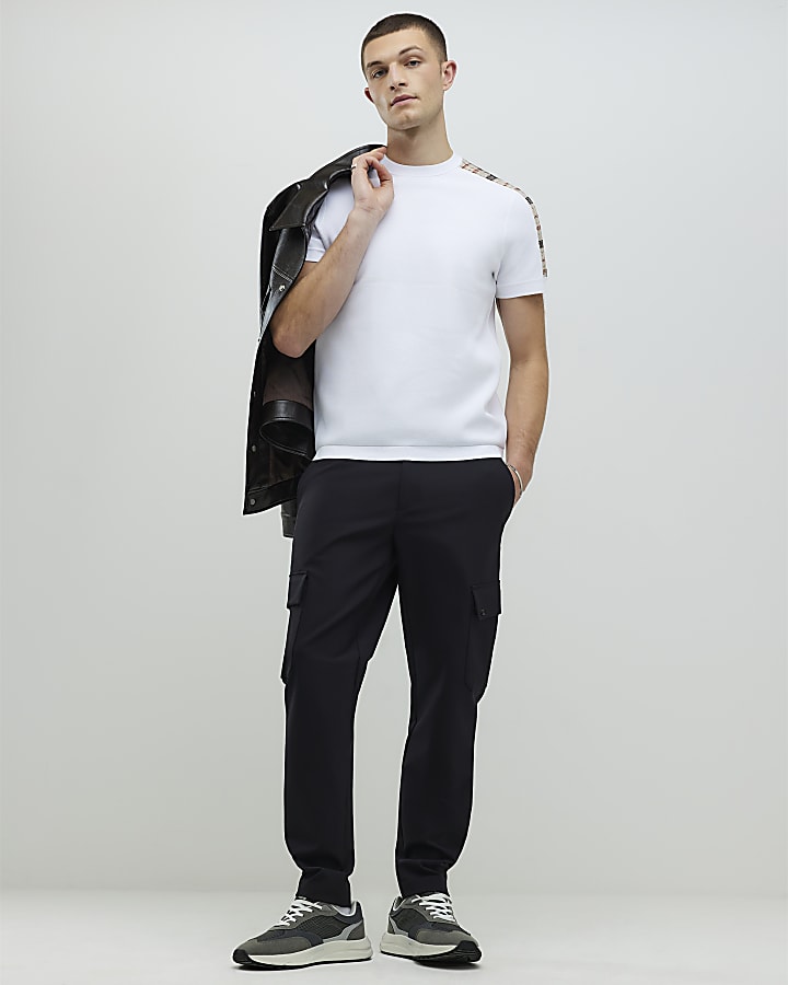 White Slim Fit Check Knit T-Shirt