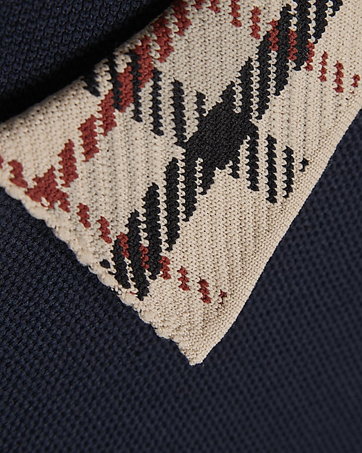 Navy Slim Fit Check Collar Polo Shirt