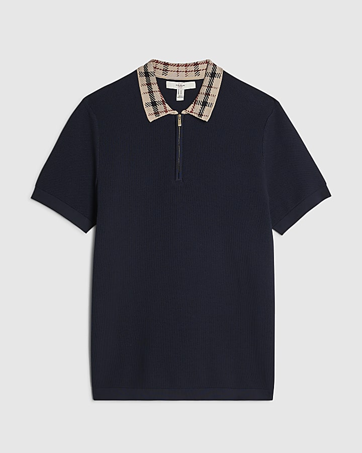 Navy Slim Fit Check Collar Polo Shirt