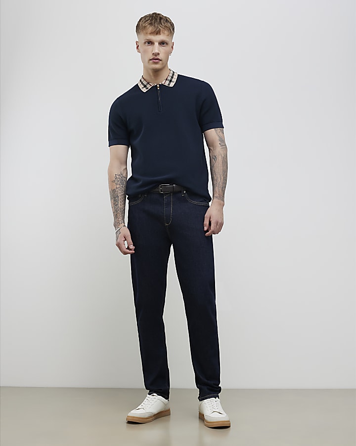 Navy Slim Fit Check Collar Polo Shirt