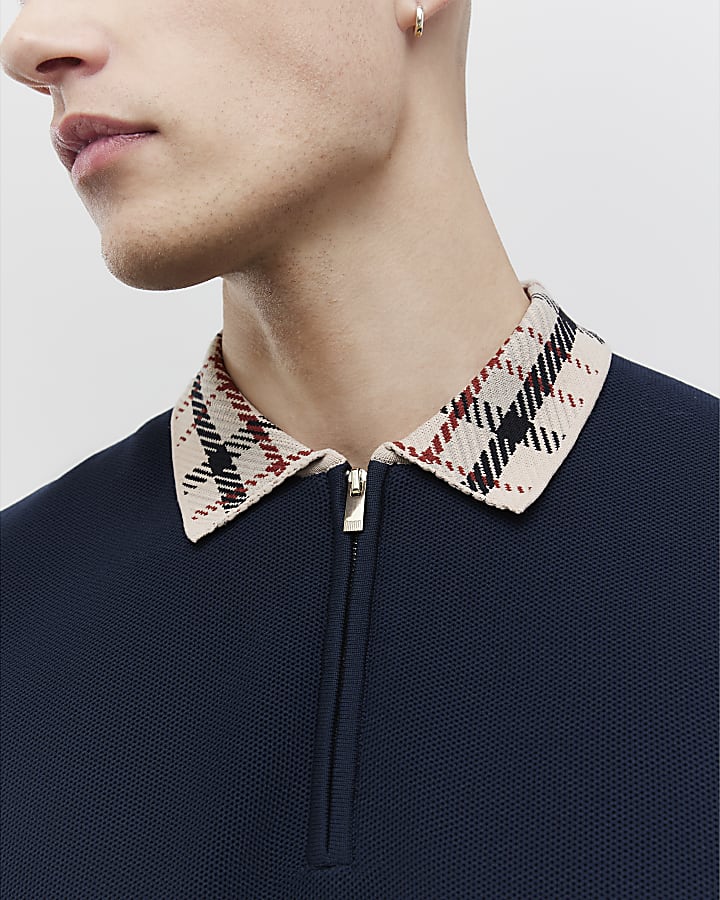 Navy Slim Fit Check Collar Polo Shirt