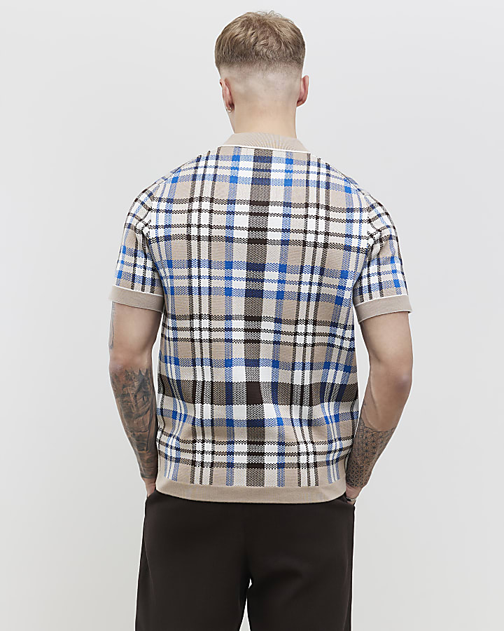 Beige Slim Fit Check Collar Polo Shirt