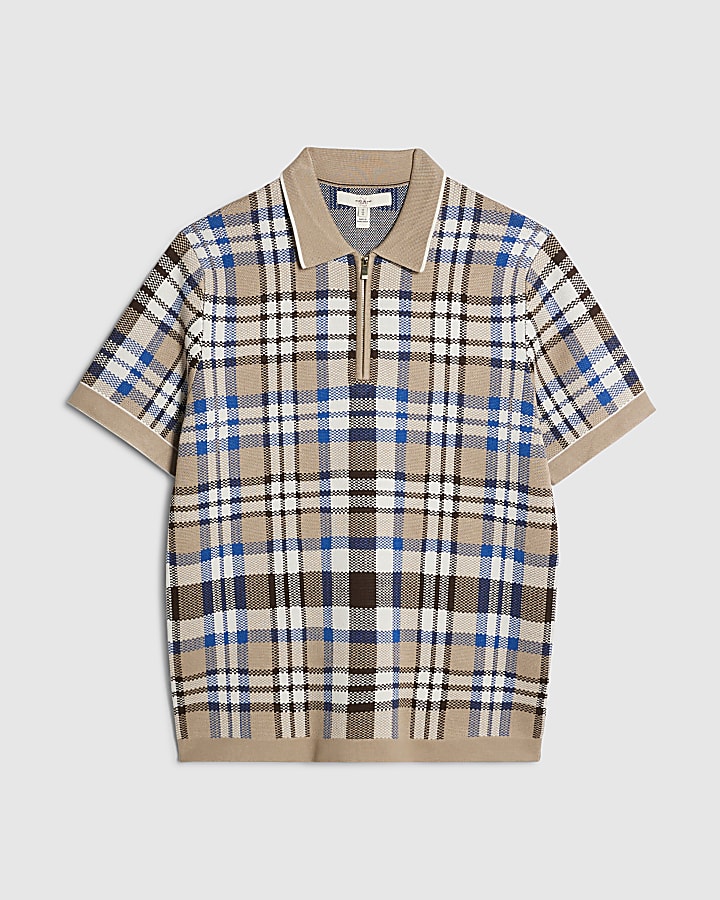 Beige Slim Fit Check Collar Polo Shirt