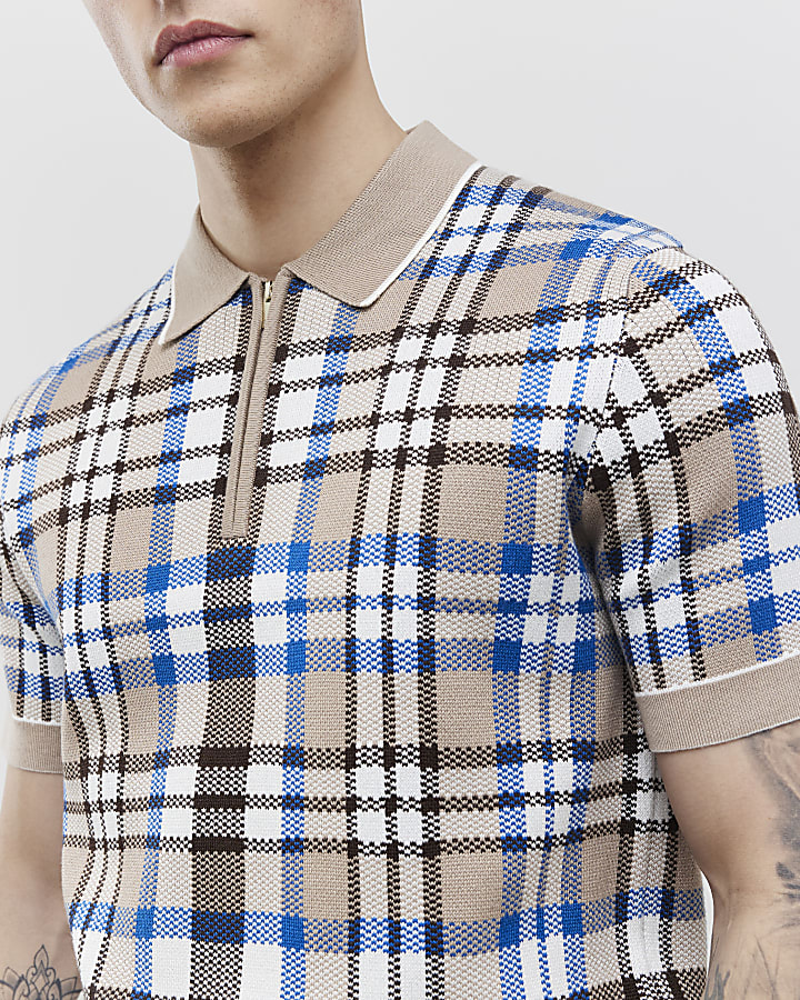 Beige Slim Fit Check Collar Polo Shirt