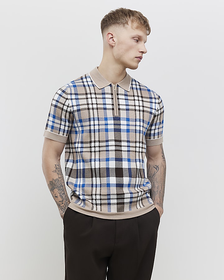 Beige Slim Fit Check Collar Polo Shirt