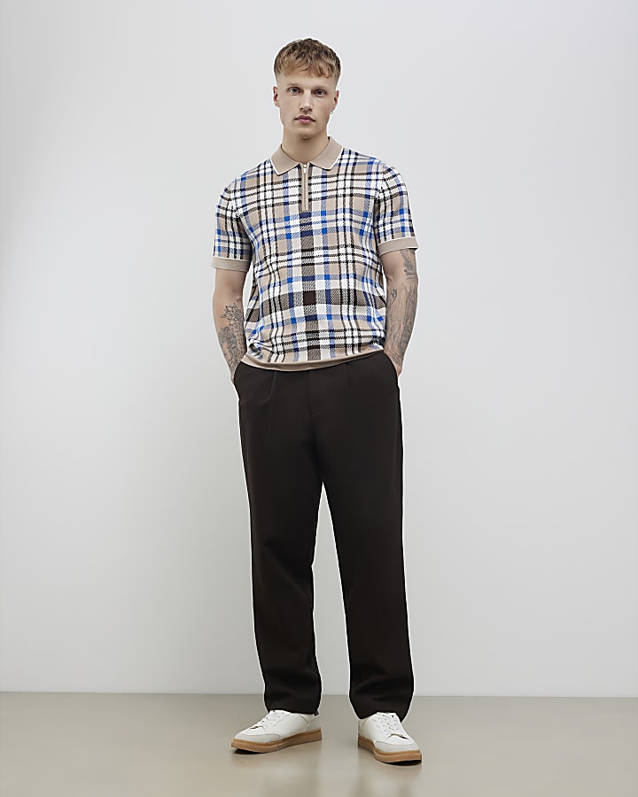 Beige Slim Fit Check Collar Polo Shirt