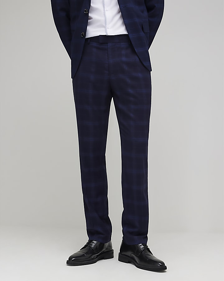 Navy Slim Fit Check Suit Trousers